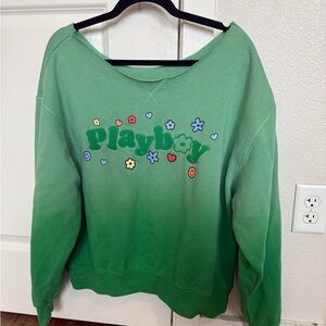 PLAYBOY Green Ombre Off-the-Shoulder Floral Logo Sweater
